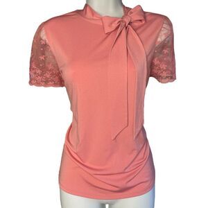 Cable & Gauge Peach Coral Pink Lace Puff Sleeve Blouse with Tie Neck